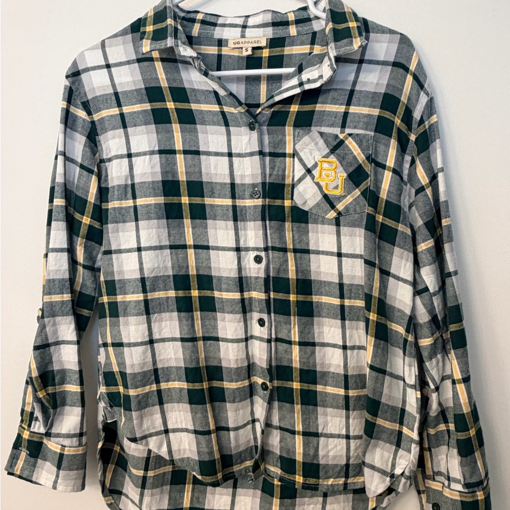 Baylor University BU Women's Plaid Button Down Shirt in Green and Yellow